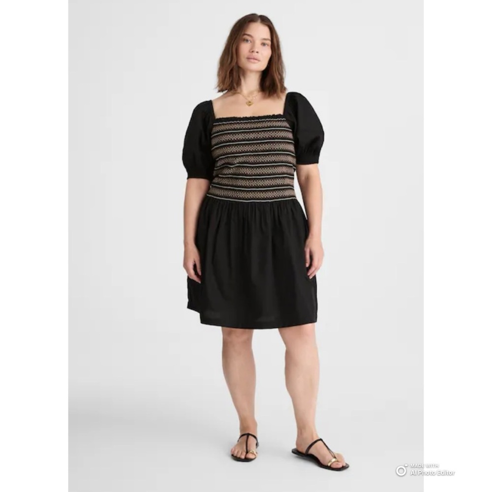 Madewell Black Two Tone Smocked Poplin Puff Sleeve Mini Dress Size Small NWT
